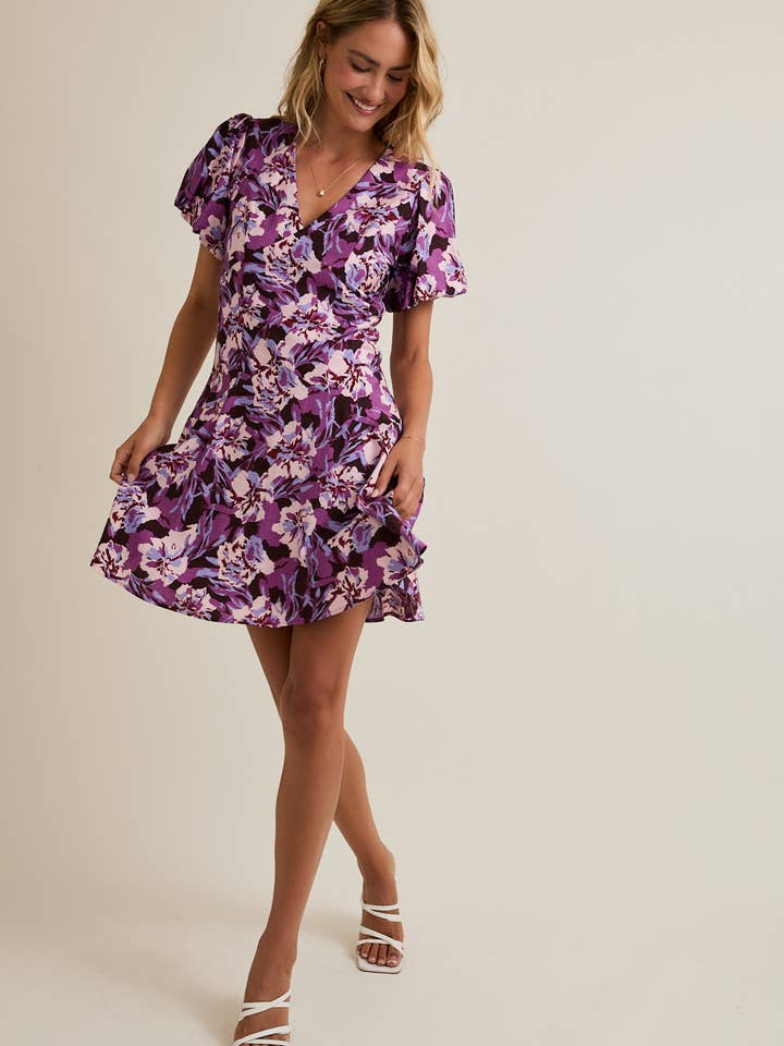 V-NECK PUFF SHORT SLEEVE FLARE HEM FLORAL MINI DRESS for wholesale by GILLI