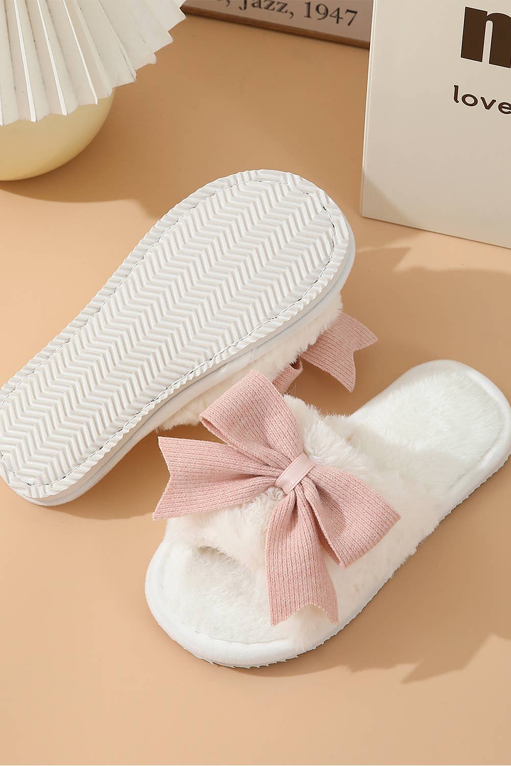 As shown Bow Knot Decor Plush Slippers | US6-11 for wholesale on Faire5