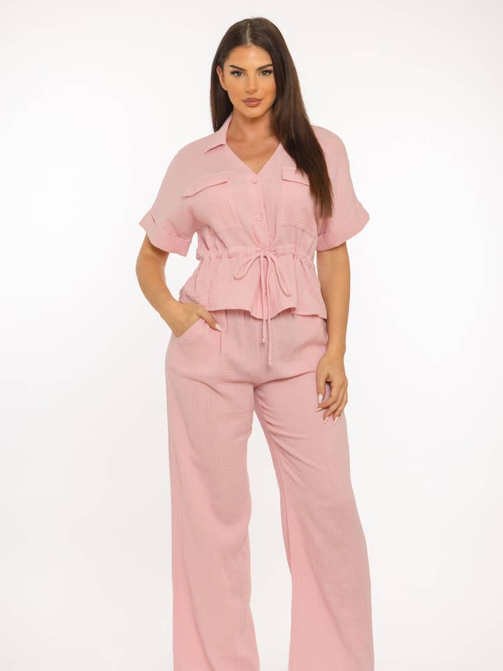 Button Down Waist Shirring Spaghetti Tie Top And Pants Set for wholesale by Julia by LoveJ