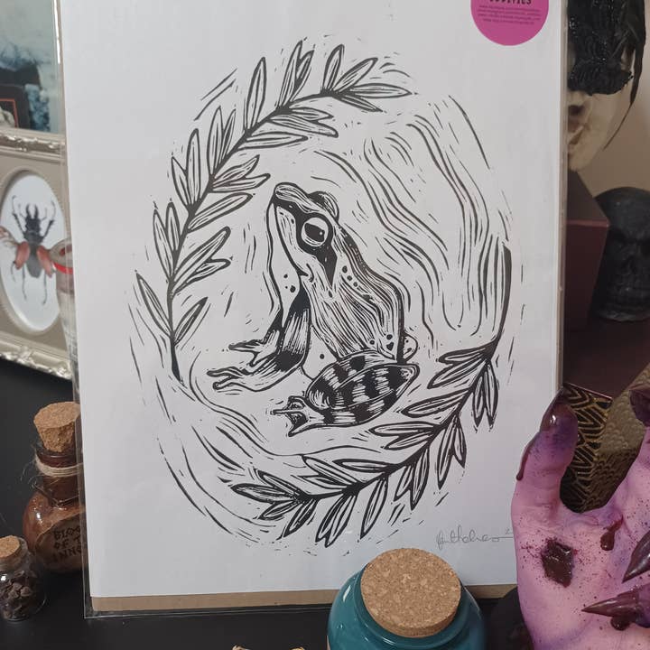 Beltane Frog lino print for wholesale by Minifi's Oddities