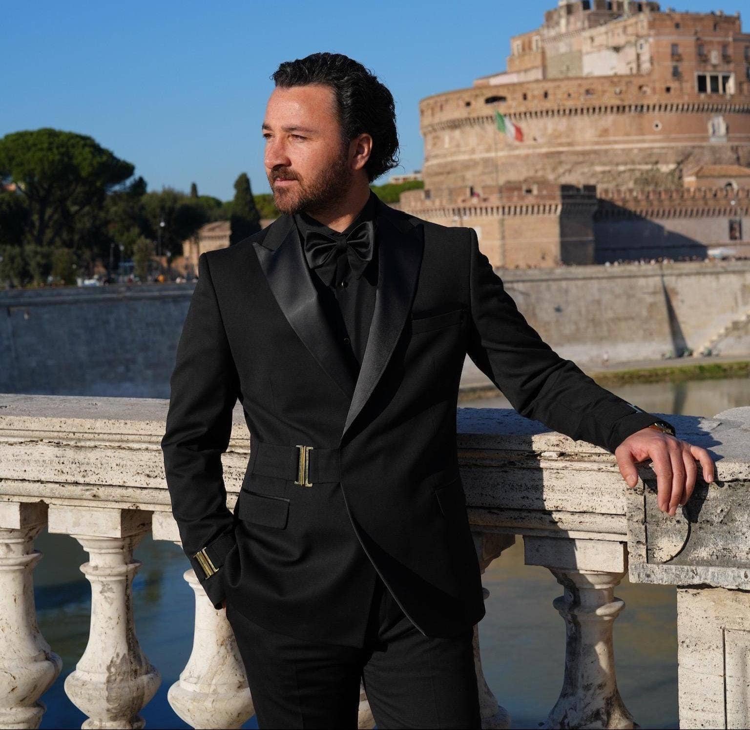 parez suits - Wholesale Tuxedo Set - Men's - Men's Black Tuxedo Suit with Satin Lapel and Gold Buckle