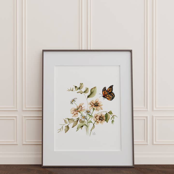 Sarah Jane Studio Art - Wholesale Art Print - Zinnias and Monarch Butterfly Watercolor Print2