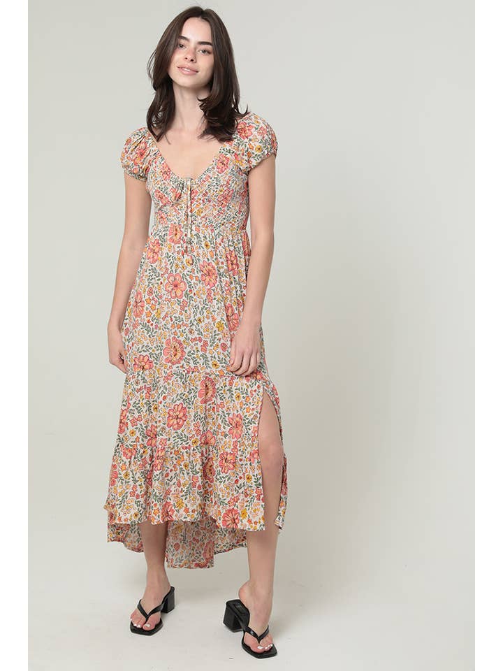 ANGIE - Wholesale Dress - Women's - F4K79-WA34 CAP SLEEVE WITH TIE FRONT AND SMOCKED BODICE