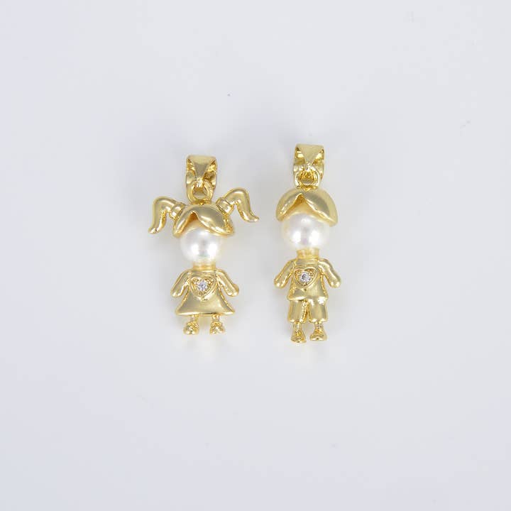 Beads Creation - Wholesale Individual Charm/Pendant - Dainty Boy and Girl Charm with Pearl Pendant, Mother's Gift