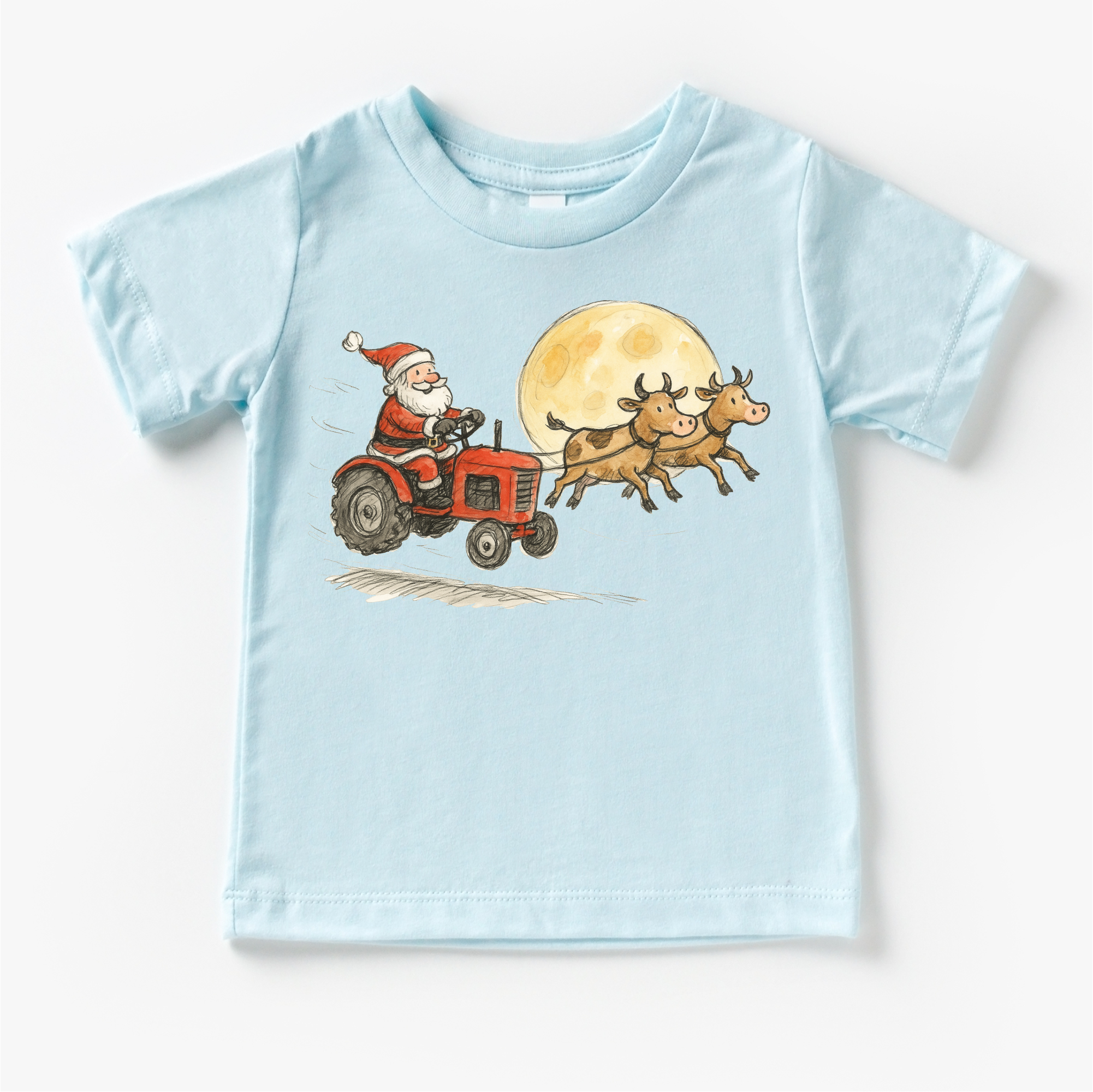 Madi Moosh – T-shirts estampadas – Criança por atacado – Camisola de Natal Infantil - Trator do Pai Natal e Vacas na Quinta5
