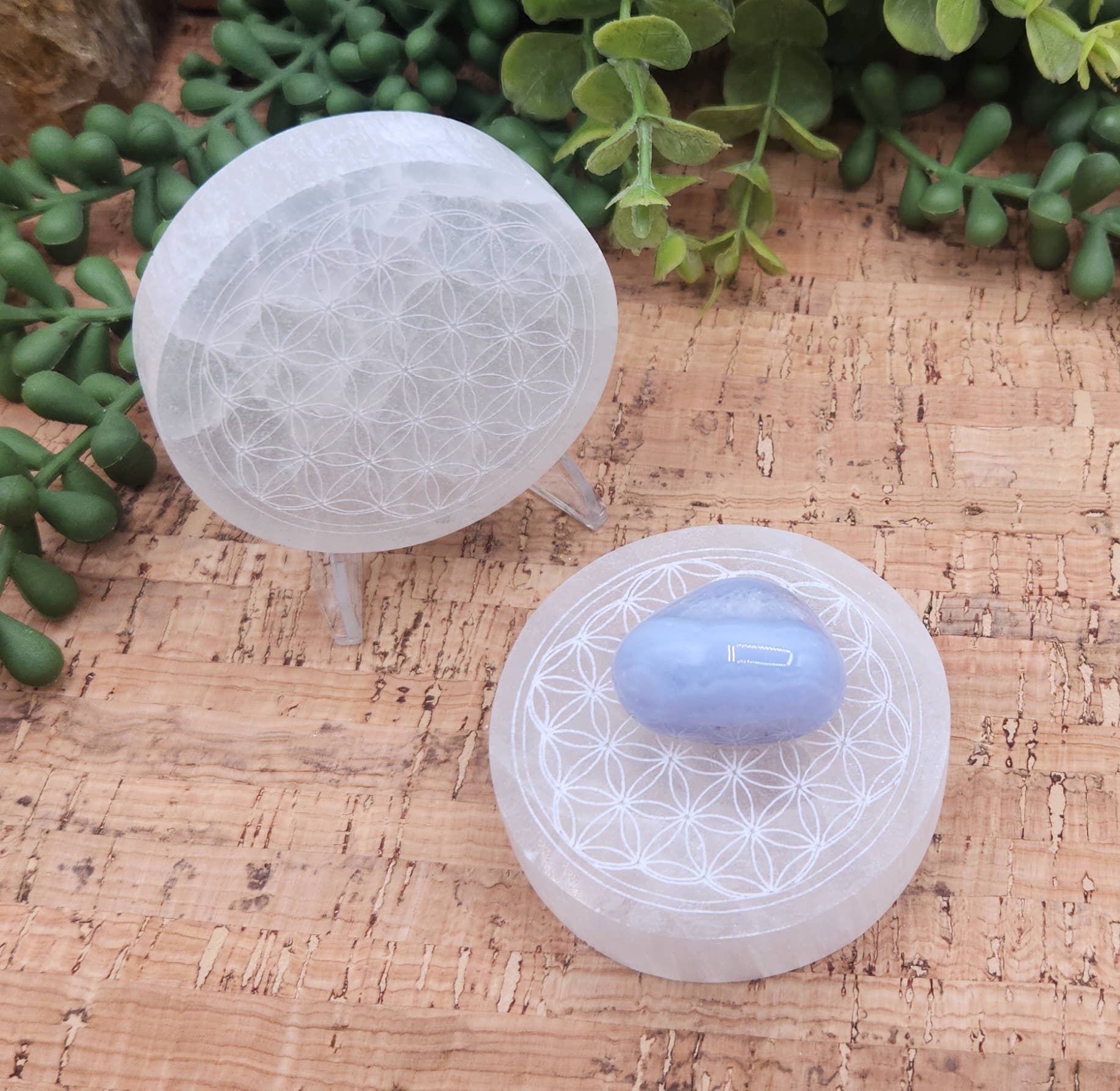 Meraki Gemstones - Wholesale Spiritual Stone/Crystal - Selenite Charging Plate/Coaster Round - Flower of Life 6-7cm8
