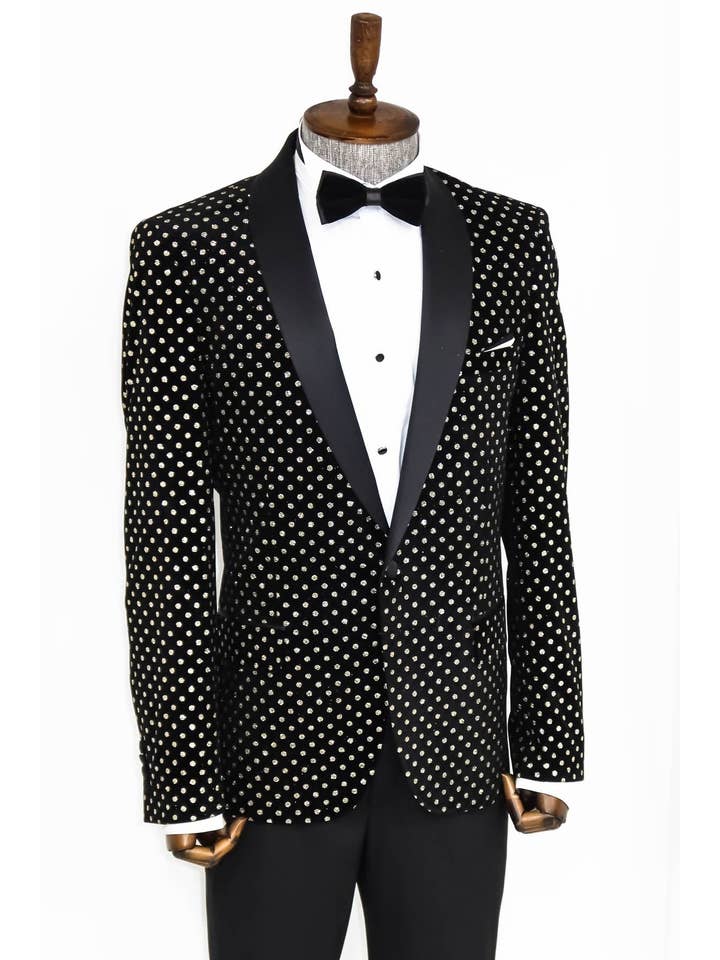 Negro Blazer de Promoción para Hombre Negro de Ajuste Entallado con Patrón de Puntos - Solapa de Chal de venta al por mayor en Faire
