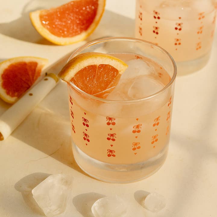 Polished Prints - Wholesale Cocktail/Liquor Glass - Cherry Print 11oz Cocktail Glass - Rocks Glass - Bar Cart