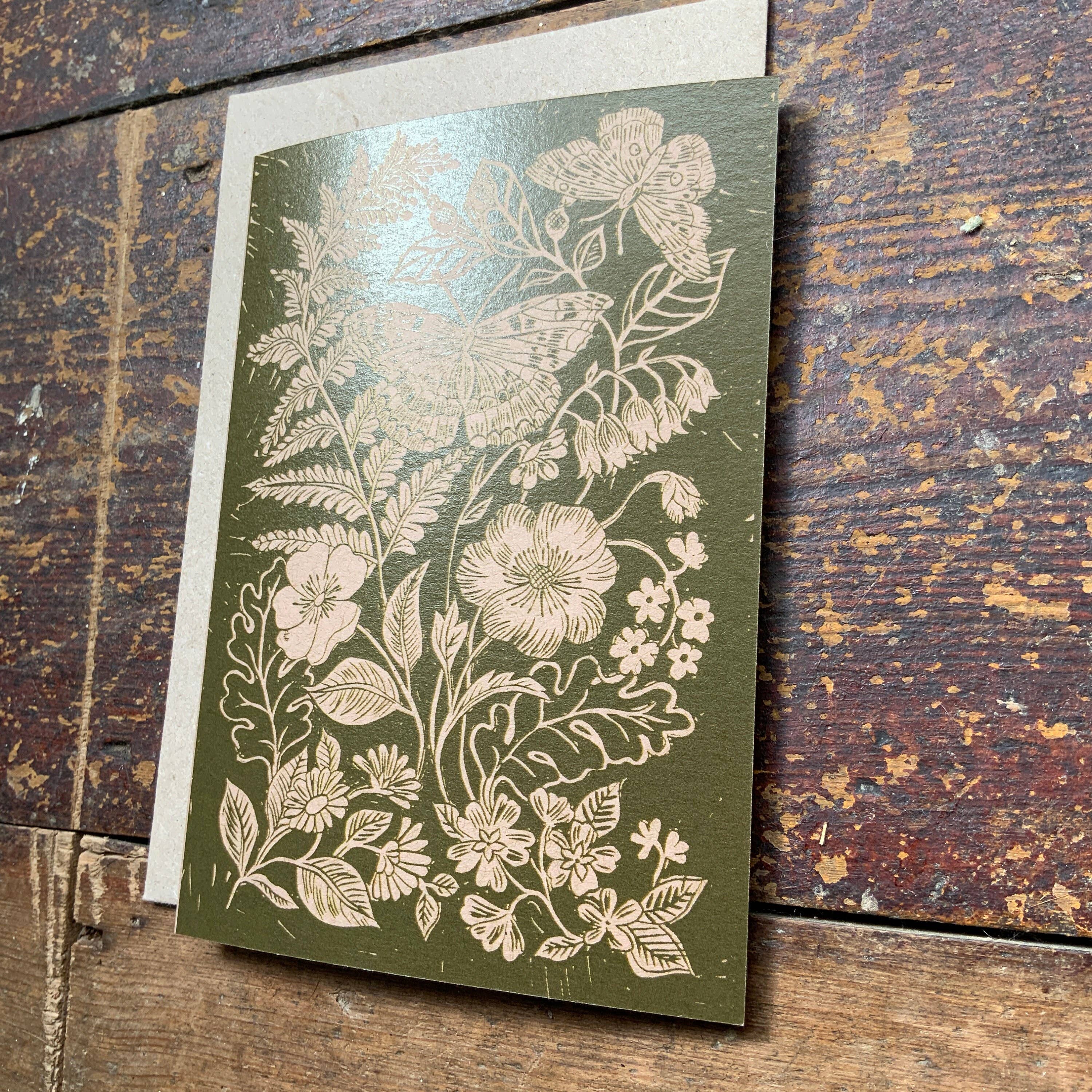 Vivienne Keable - Wholesale Everyday Greeting Card - Linocut Print Card 'Fern, Butterfly and Wild Flower'2