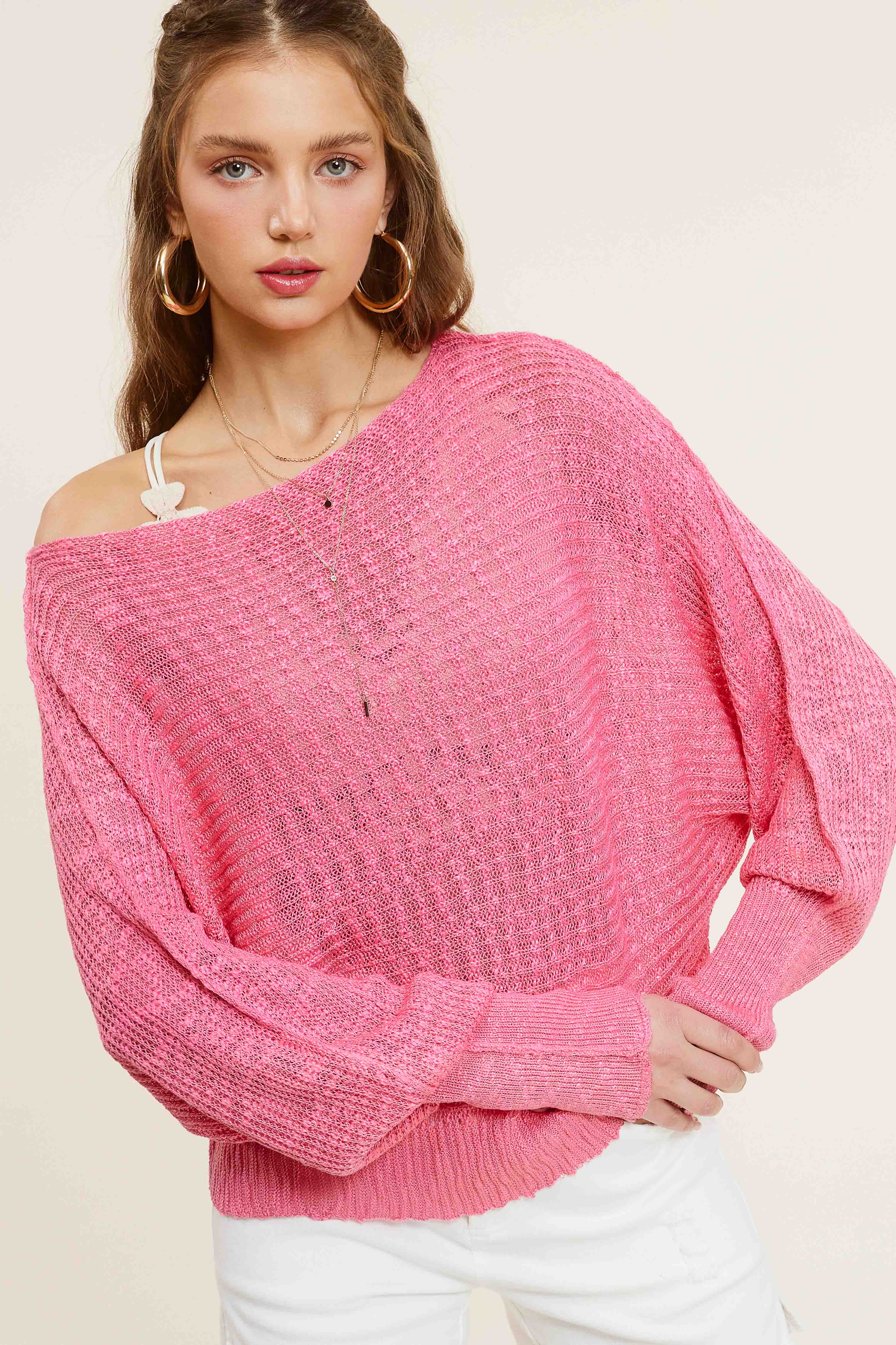 La Miel - Wholesale Knit Sweater - Women's - MCS3583-Lightweight Dolman Sleeve Boat Neck Sweater Top1