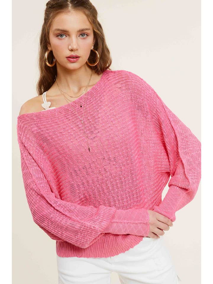 La Miel - Wholesale Knit Sweater - Women's - MCS3583-Lightweight Dolman Sleeve Boat Neck Sweater Top1