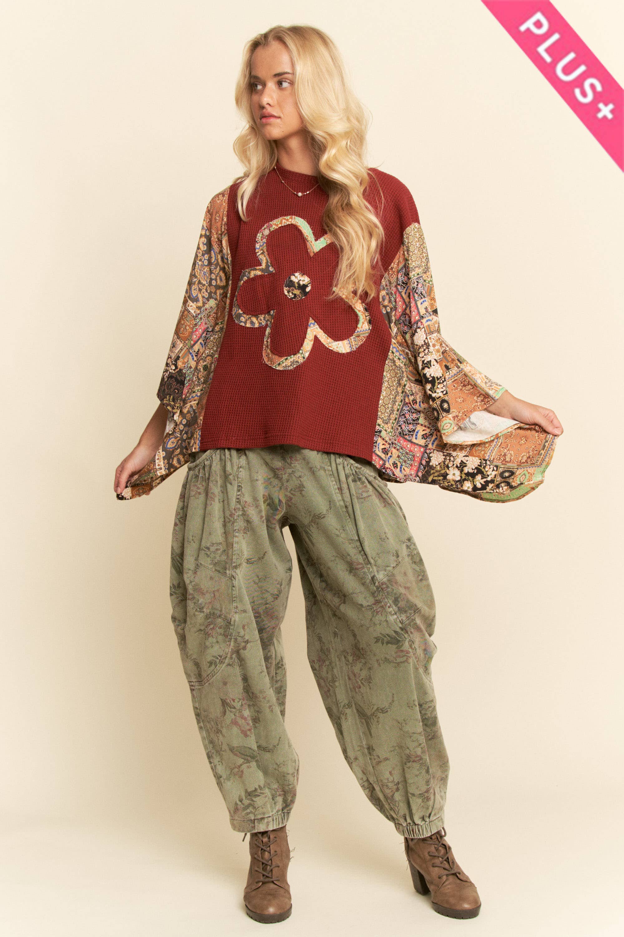 Davi & Dani - Wholesale Knit Top - Women's - PLUS BOHO PATCHWORK KNIT TOP WITH FLOWER12