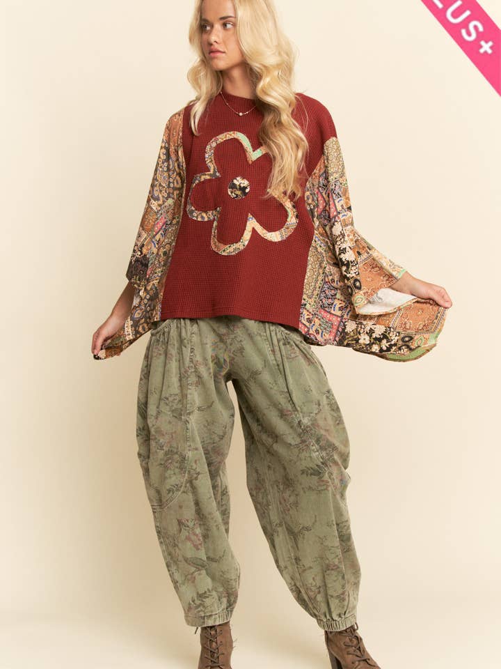 Davi & Dani - Wholesale Knit Top - Women's - PLUS BOHO PATCHWORK KNIT TOP WITH FLOWER12