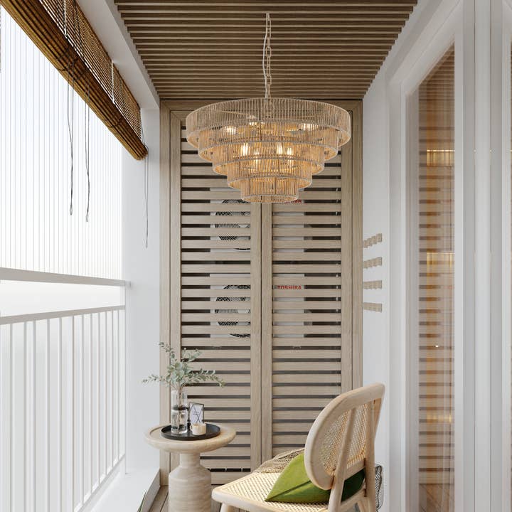 Wood Bohemian Woven 5-Tier Large Rattan Pendant Light for wholesale on Faire4