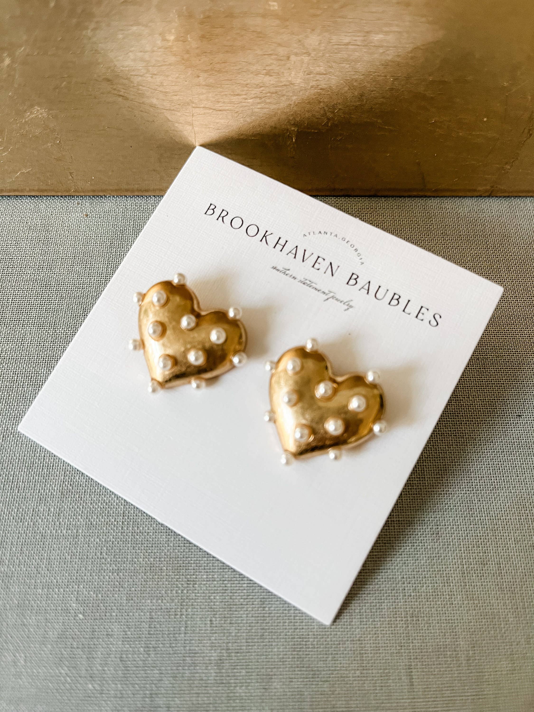 Brookhaven Baubles - Wholesale Stud/Post Earrings - Gold Pearl Heart Statement Studs - Valentine's Xoxo4