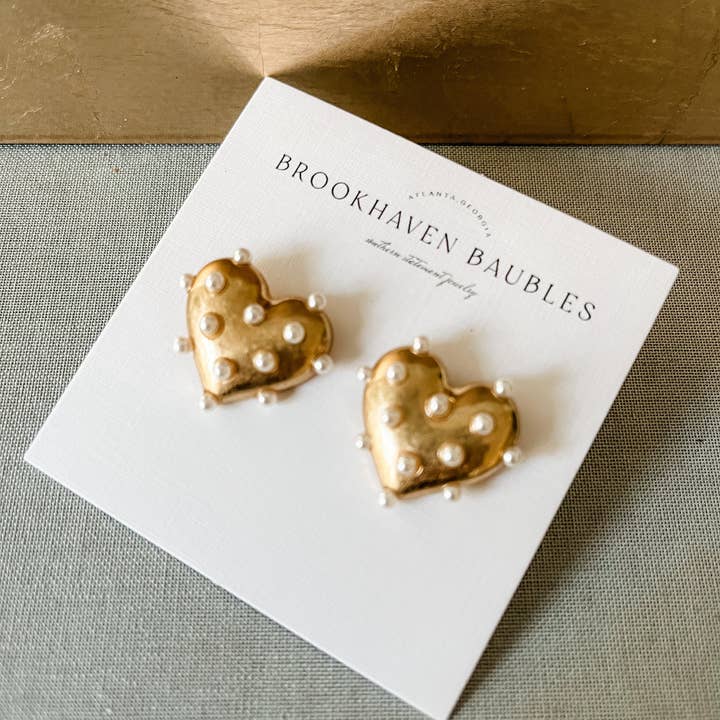 Brookhaven Baubles - Wholesale Stud/Post Earrings - Gold Pearl Heart Statement Studs - Valentine's Xoxo4