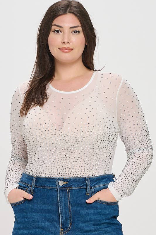 Curve Market - Wholesale Bodysuit - Women's - PLUS SIZE RHINESTONE STUDDED MESH BODYSUIT16