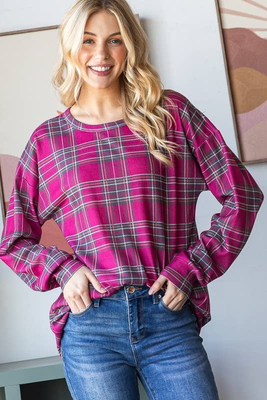 MAGENTA ET7470-17 TOP CON STAMPA SCOZZESE CON MANICHE LUNGHE A SBUFFO in vendita all'ingrosso su Faire4