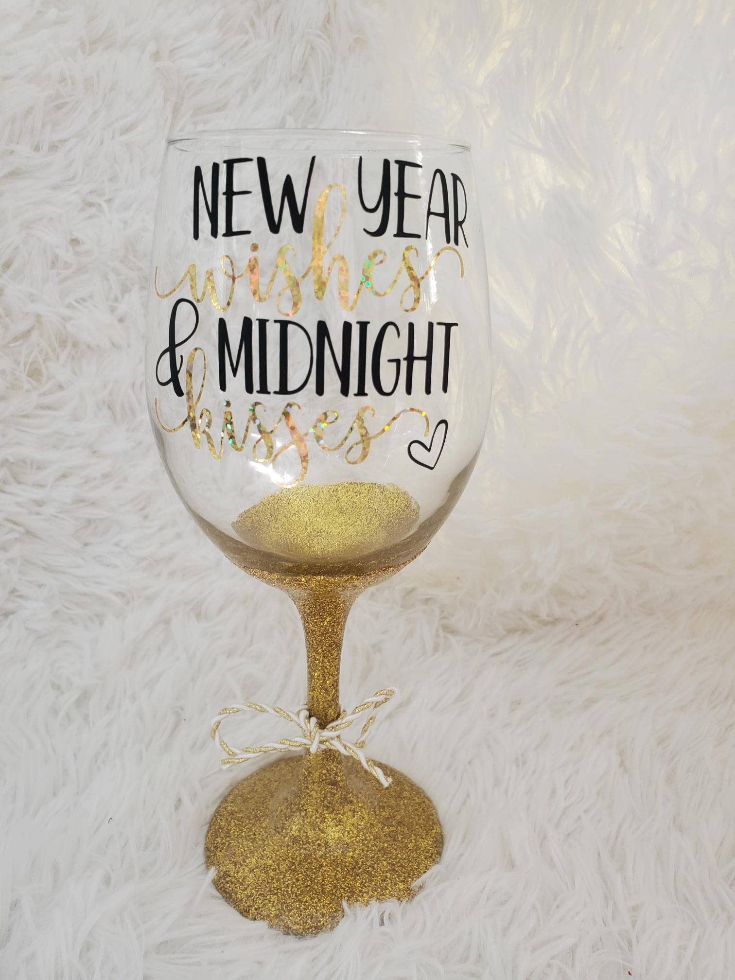 Tots And Tumblers Art - Wholesale Wine Glass - New Years Wishes Midnight Kisses Gold Glittered Stemmed Wine1