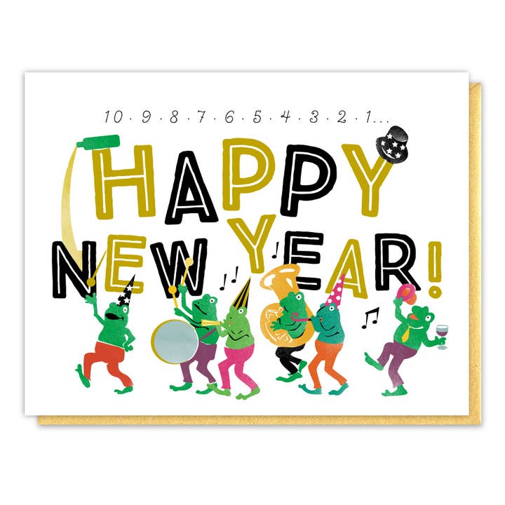 New Year Frogs Marching Band Card for wholesale by Driscoll Design