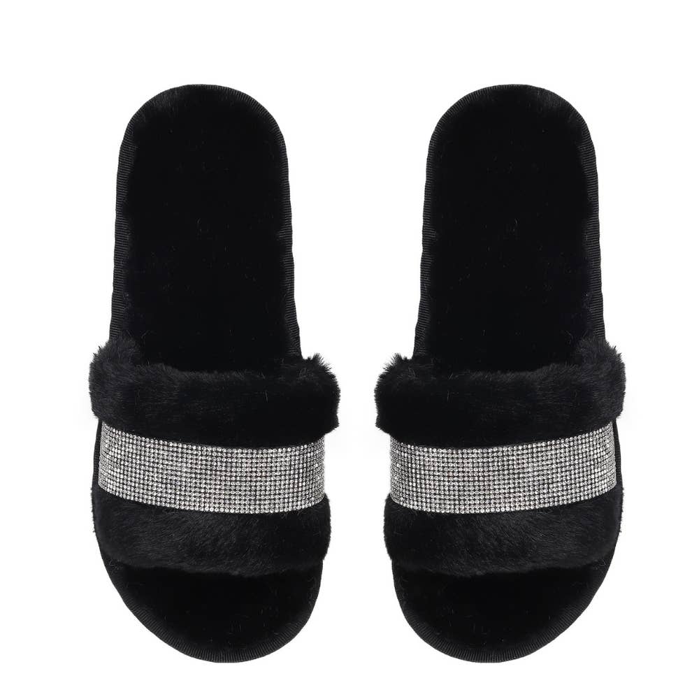 Natalie Mills - Wholesale Slippers - Women's - Sydney Rhinestone Faux Fur Slippers0