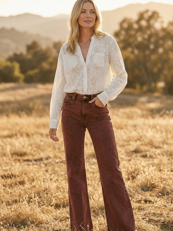 TUMMY CONTROL BURGUNDY HIGH RISE FLARE JEANS for wholesale by ARTEMIS VINTAGE