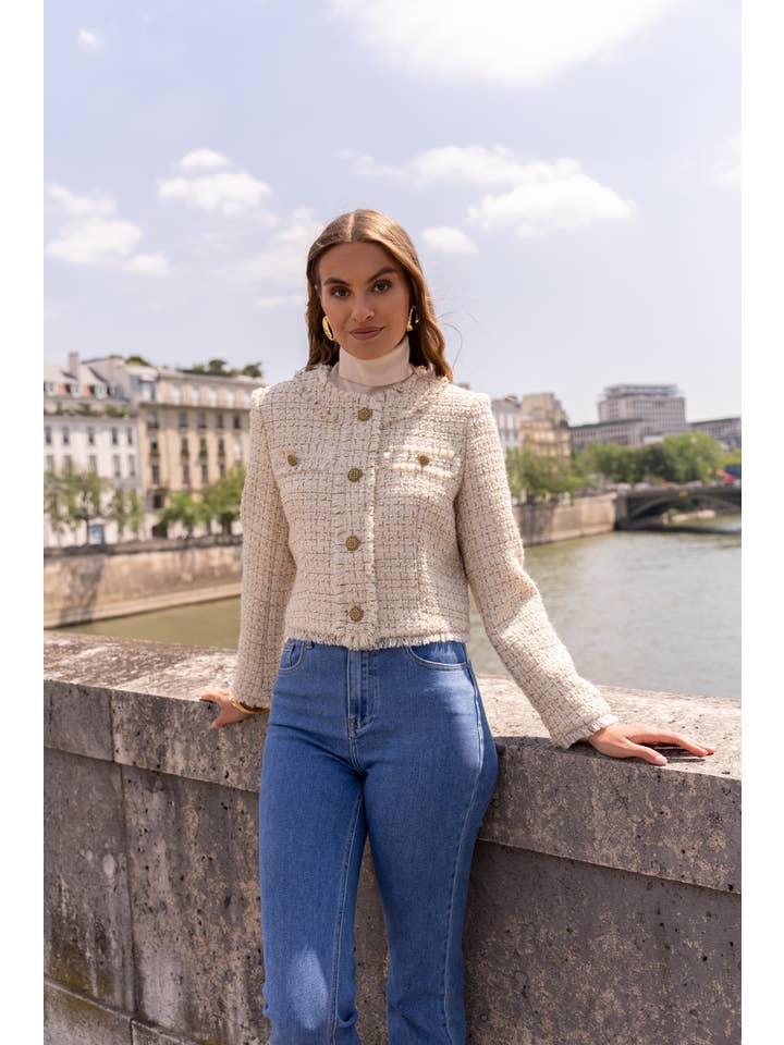 Attentif Paris - Wholesale Blazer – Women's - Cropped crew neck fitted tweed blazer jacket11