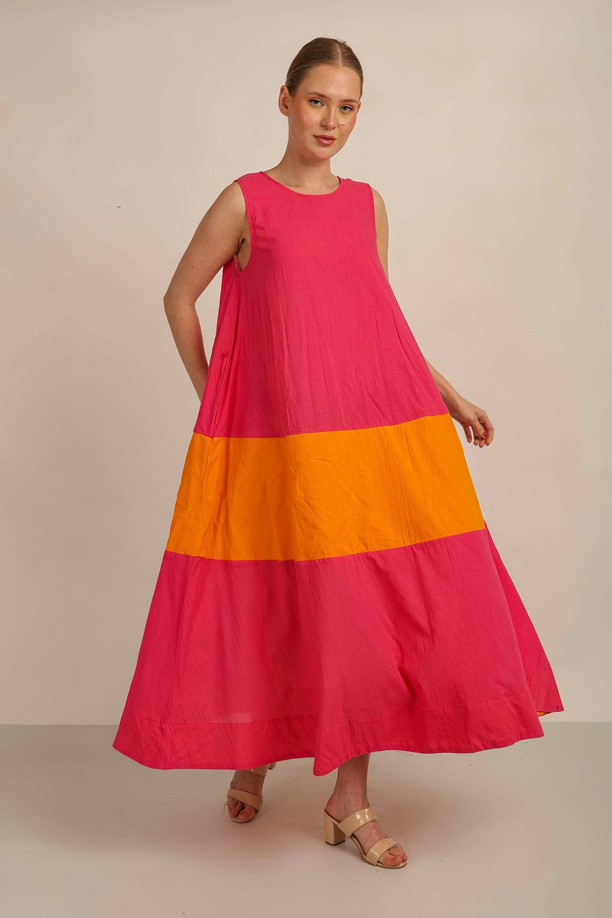 Anannasa Lifestyle - Wholesale Dress – Women's - SAMMY FLARE DRESS w SASH- PINK/ORG LINED6