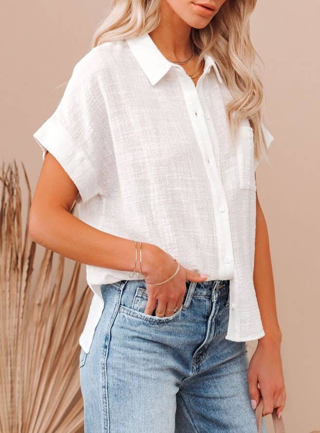Rosa Clothing - Wholesale Button Down Shirt - Women's - Button-Lapel Pocket Slit Short-Sleeved Shirt8
