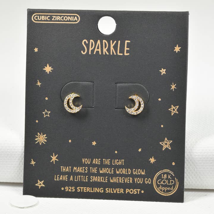 Gold Dipped crescent moon CZ stud earring for wholesale by SOPHIA WHOLESALE