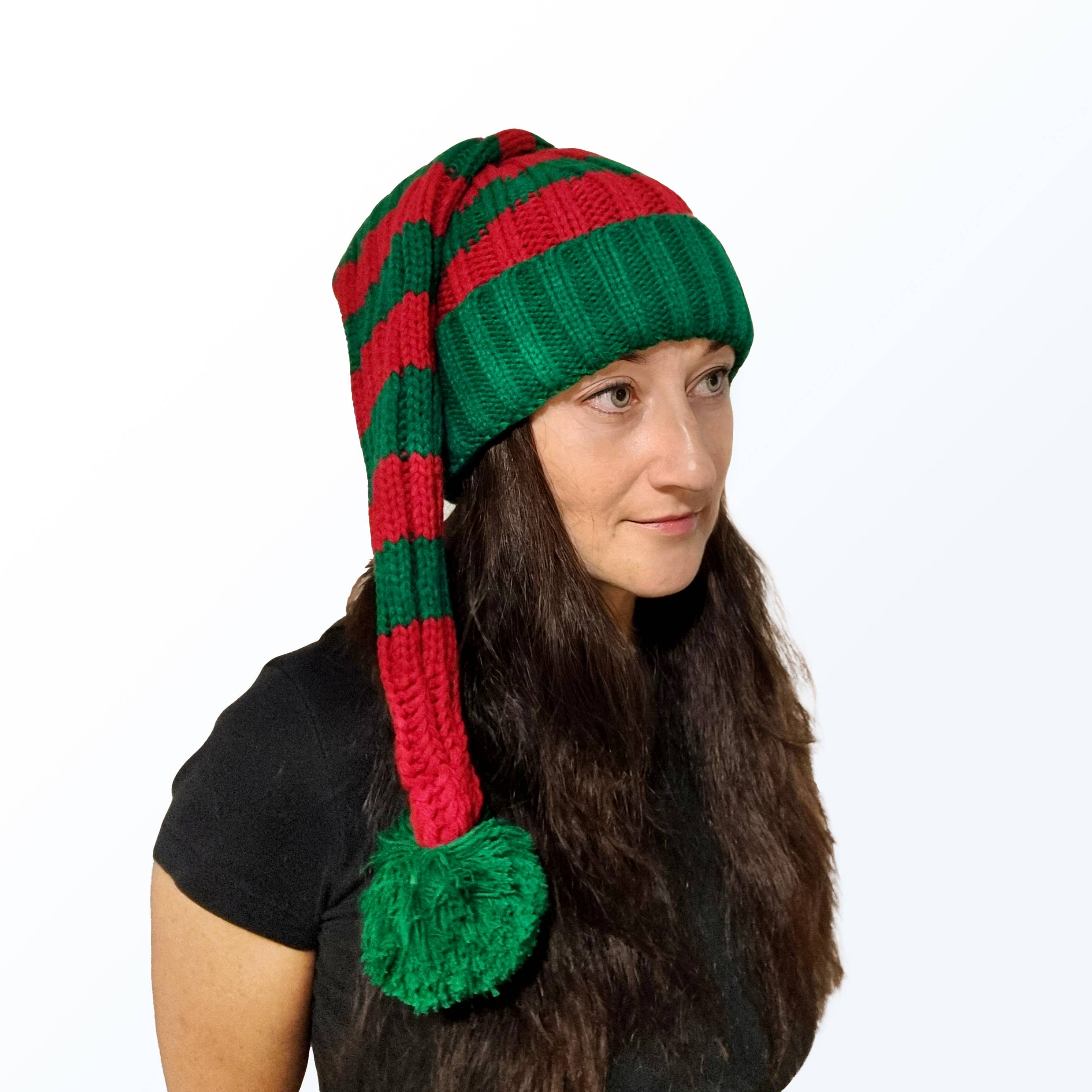 Snazzy Santa – wholesale Beanie – Unisex – Coarse Knitted Santa Hat - Green and Red Stripes1