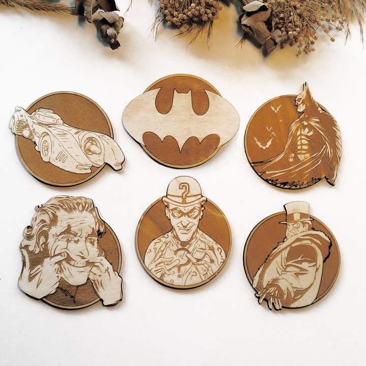 Set di 6 sottobicchieri in legno di Batman, regalo cinematografico, supereroi per la vendita all'ingrosso da parte di Studio Rima