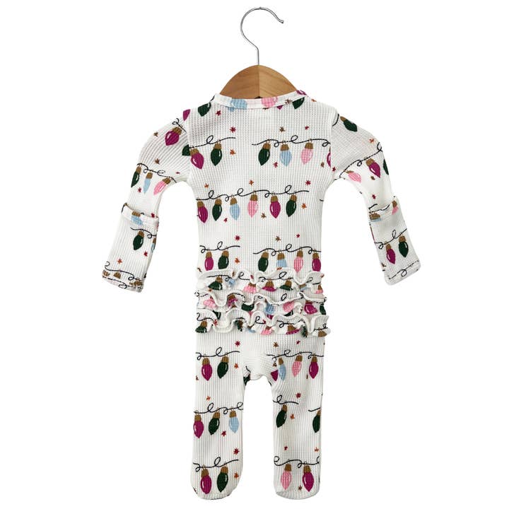 SpearmintLOVE - Wholesale Jumpsuit - Baby - Organic Waffle Ruffle Zip Footie, Pink Christmas Lights