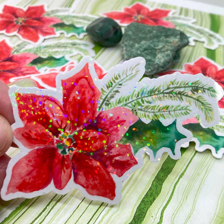 Poinsettia Waterproof Glitter Sticker for wholesale by stickersbyjodi