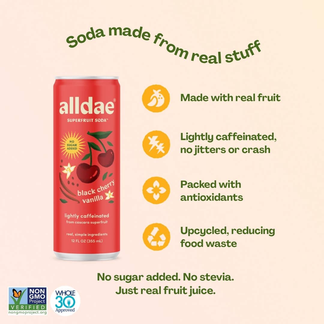 alldae superfruit soda – wholesale Soda/carbonated drink – Black Cherry Vanilla Drink | Soda | Lightly Caffeinated Soda2