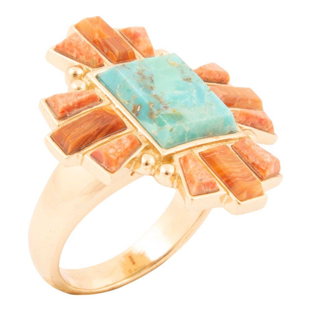 Barse Jewelry - Vente Bague de cocktail/de cérémonie - Bague de déclaration dorée en turquoise bleu Santa Fe et opale cuivrée0