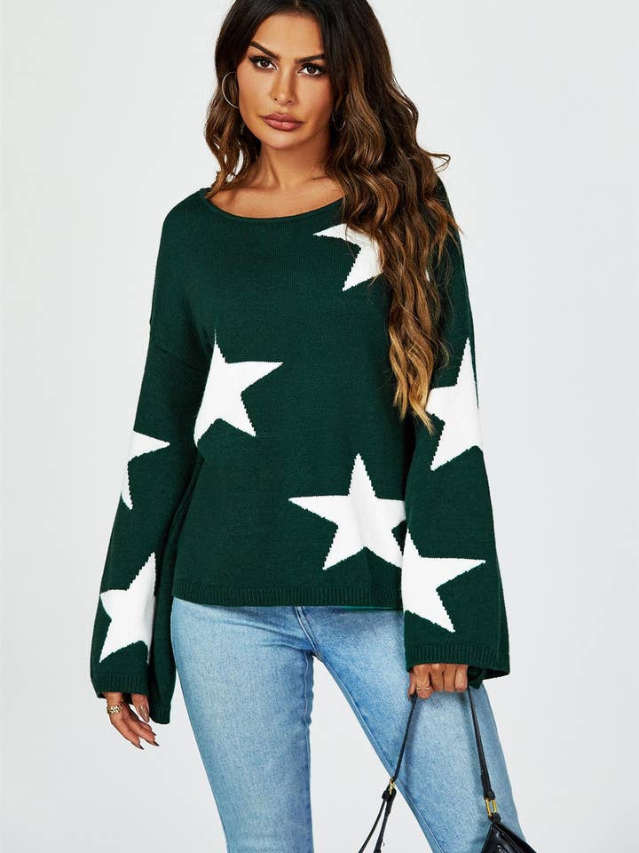 Wide Sleeve Oversize Dark Green Jumper With White Star for wholesale by FS Collection (Germany)