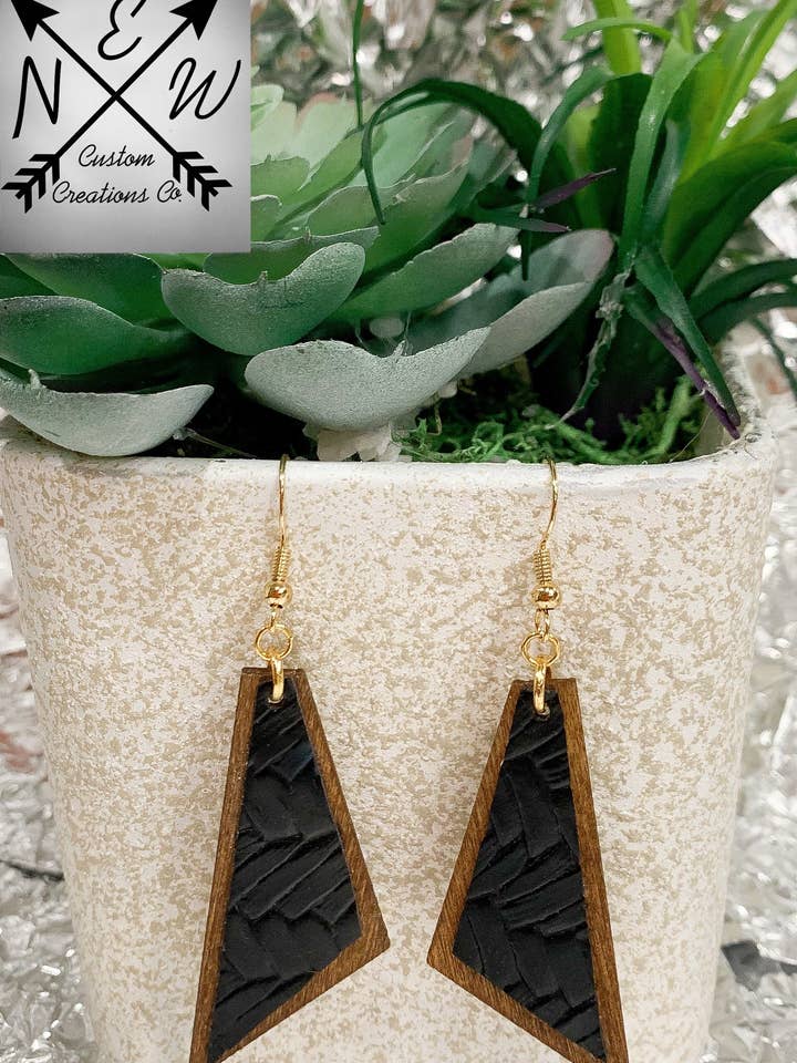 Asymmetric Trapezoid Wood with Vegan Leather Dangle Earrings for wholesale by N.E.W. Custom Creations Co LLC