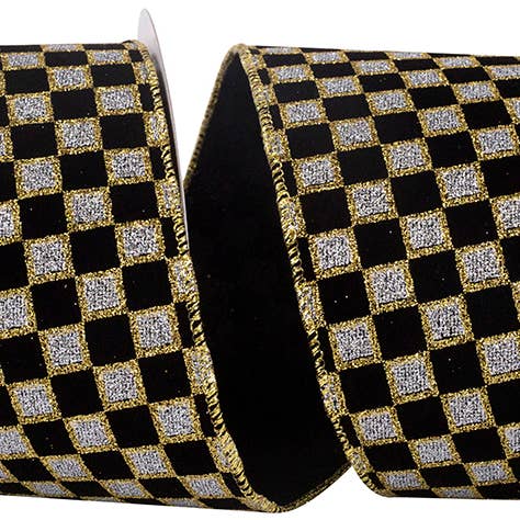 Velvet Glitter Checks Wired Edge, Black/silver, 4 In for wholesale by RELIANT RIBBON
