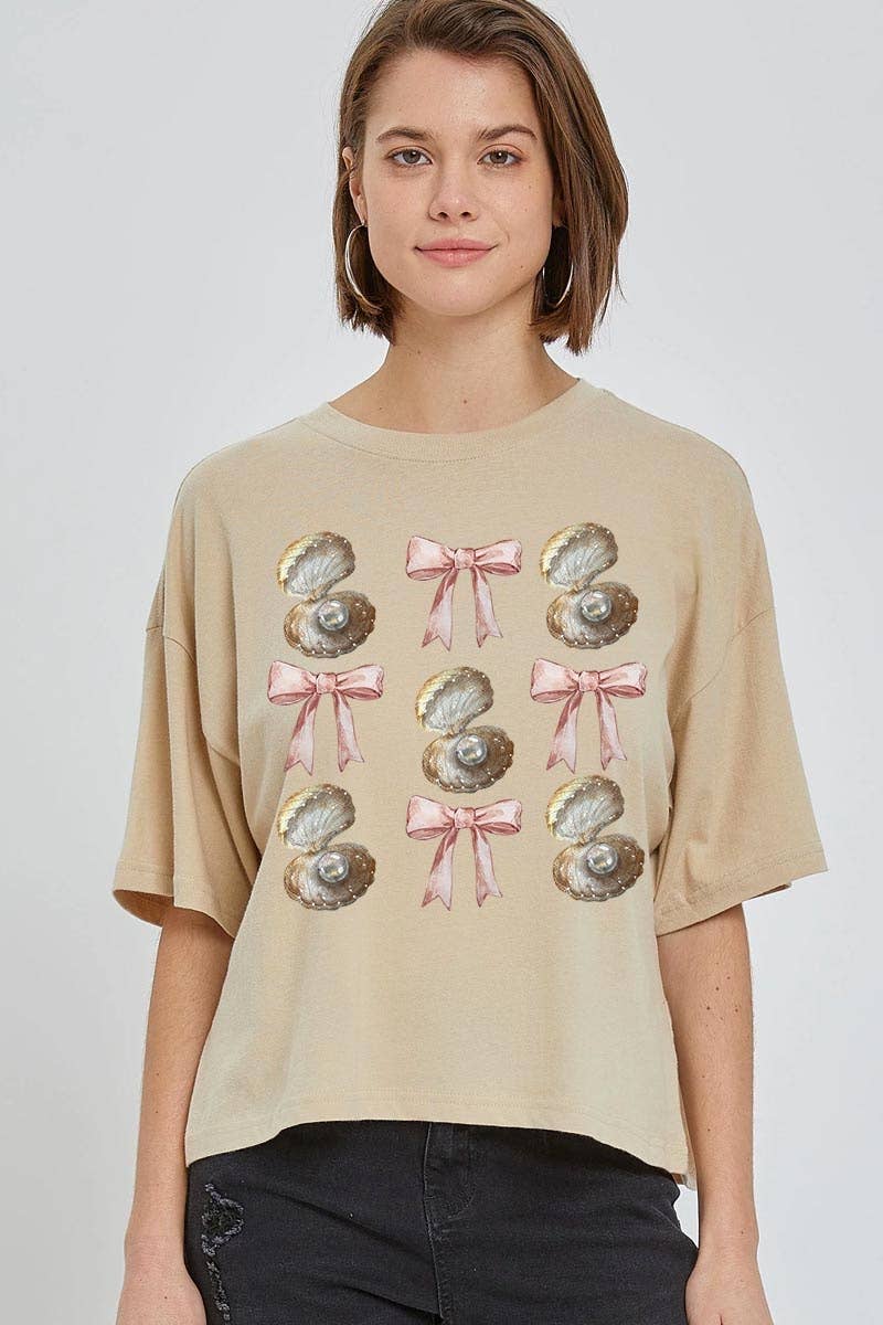 Pink Irene Wholesale - Wholesale Shirt - Women's - Coquette Pearl Oyster Graphic Relaxed Crop Top5