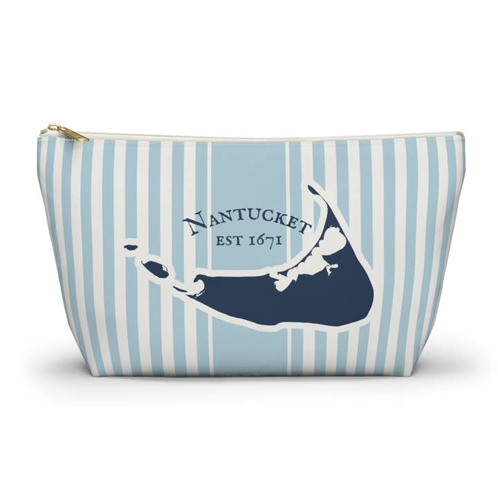 Nantucket Map Blue Striped Accessory bag, T bottom pouch for wholesale by Lyn Roma