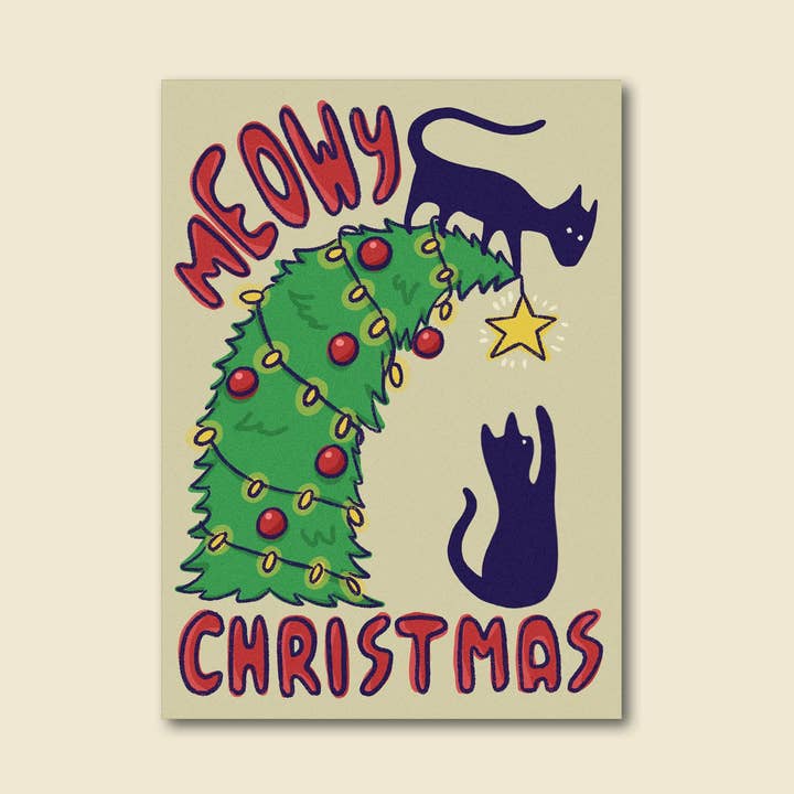 "Meowy Christmas" Funny Cat Holiday Greeting Card for wholesale by Late November Ink