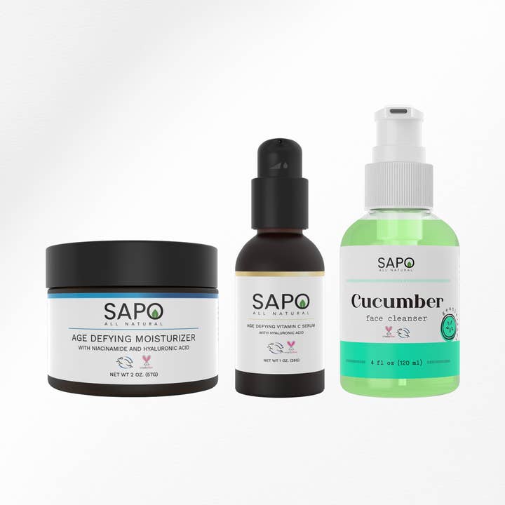 Sapo All Natural Hydrating Combo - Cucumber Face Cleanser, Vitamin C Serum and Moisturizer with Hyaluronic Acid - Cleanse, Exfoliate and Hydrate for wholesale by Sapo All Natural