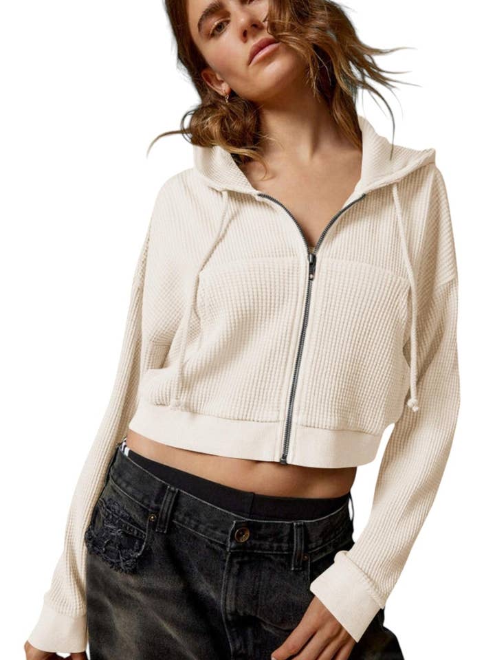 Cropped Waffle Knit Zip-Up Hoodie with Drawstring for wholesale by Anna Kaci Wholesale