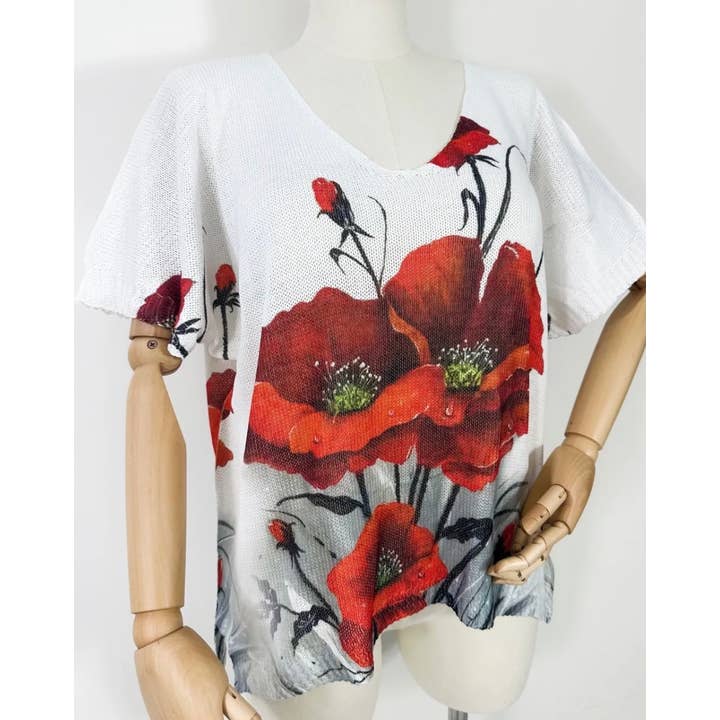 ZACOQ Red Floral V-Neck Knit Printed Short Sleeves Sweater for wholesale by LOOWIE
