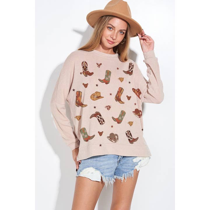 Western boots print long sleeve knit top for wholesale by Phil Love
