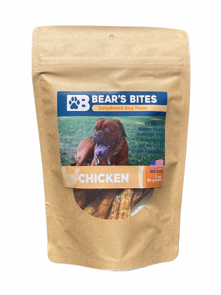 Single ingredient dehydrated chicken dog treats for wholesale by Bear's Bites, LLC