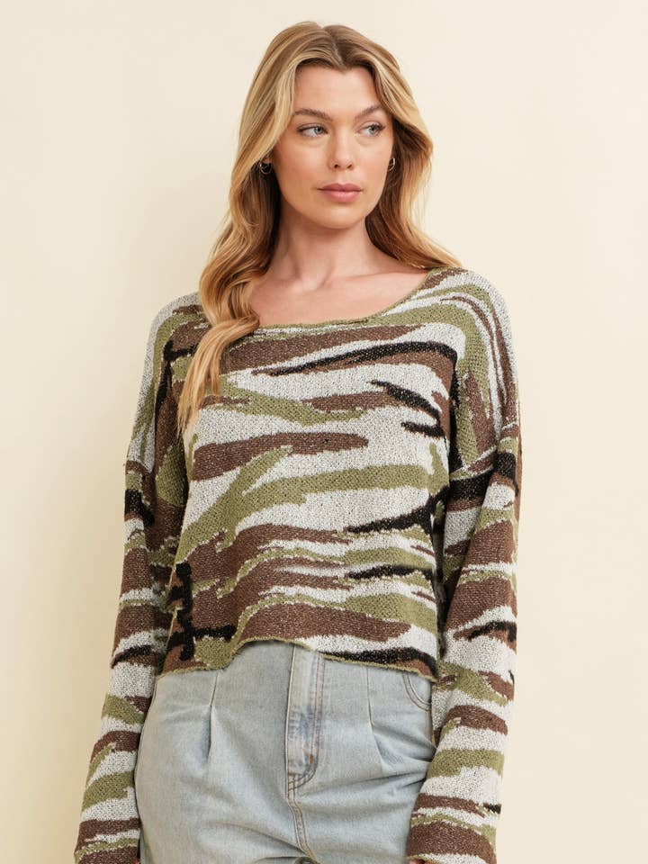 CSW13447 - CAMO BOAT NECK LIGHTWEIGHT SWEATER for wholesale by Cloud Ten