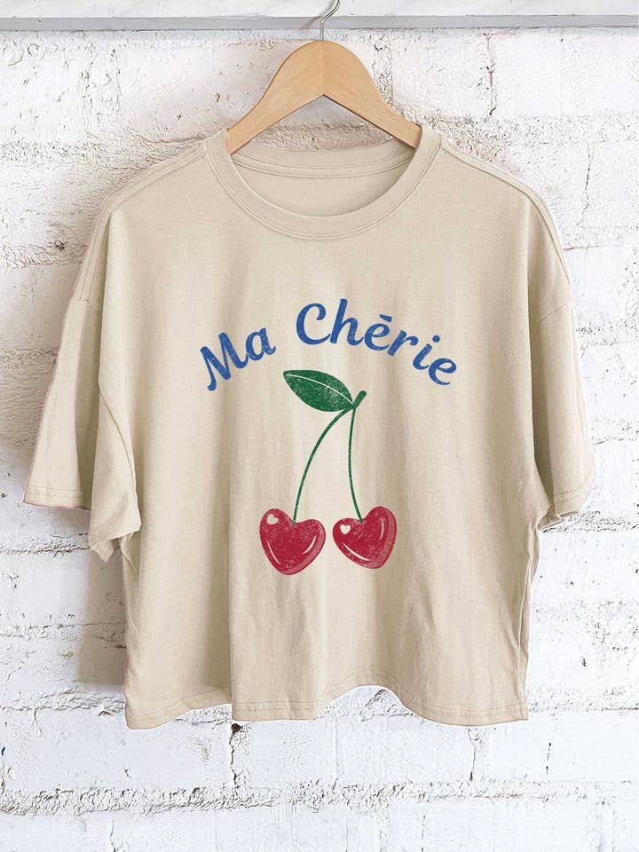 MA CHERIE CHERRY HEART GRAPHIC LONG CROP TOP for wholesale by Rustee Clothing
