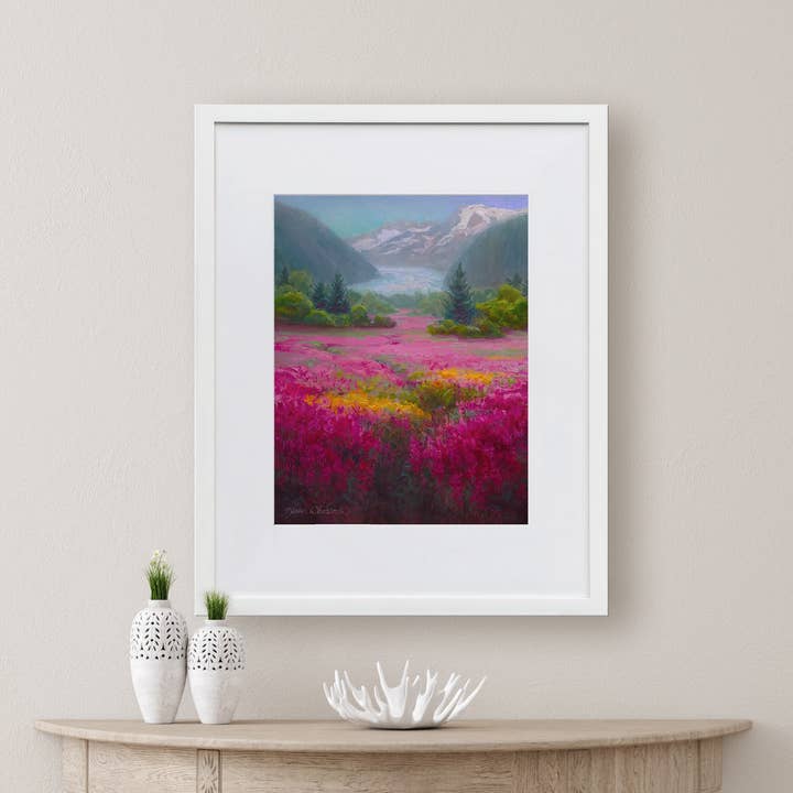 Framed Glacier Landscape Wall Art Print with Wildflowers for wholesale by Whitworth Gallery